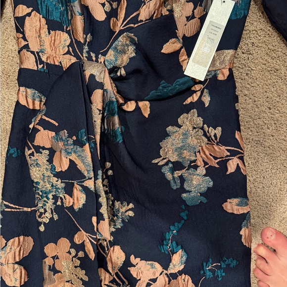 Kay Unger Navy Dress with Teal & Blush Floral Jacquard - Picture 2 of 3